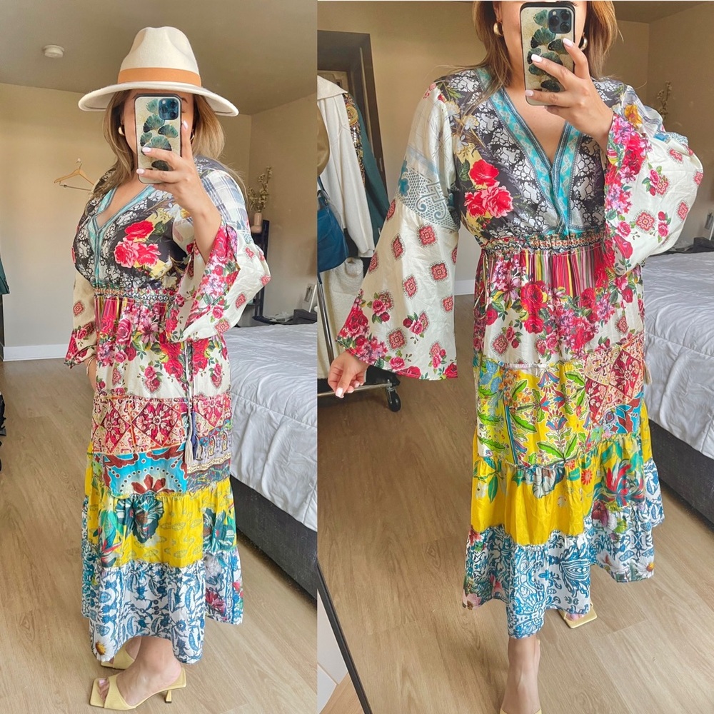 Johnny Was | Dibble Boho Patchwork 100% Silk Maxi Dress Size: Large - Picture 2 of 10